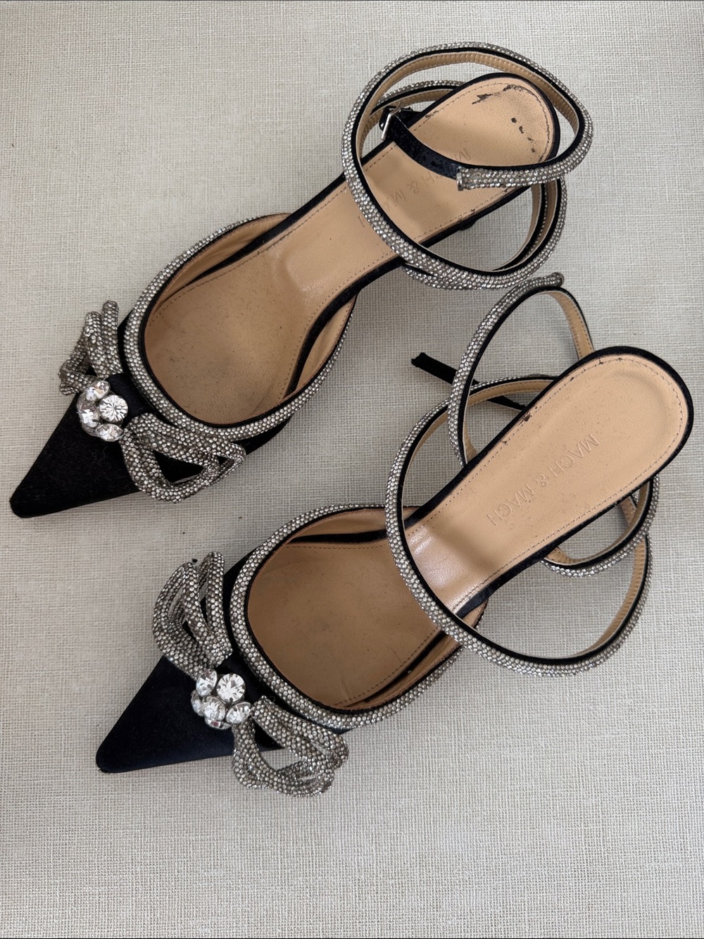 Mach & Mach Black Satin Crystal Kitten Heel Pumps